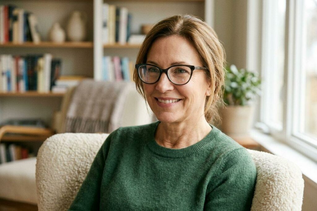 Adult wearing glasses and a green sweater, smiling while seated in an armchair near a bookshelf.