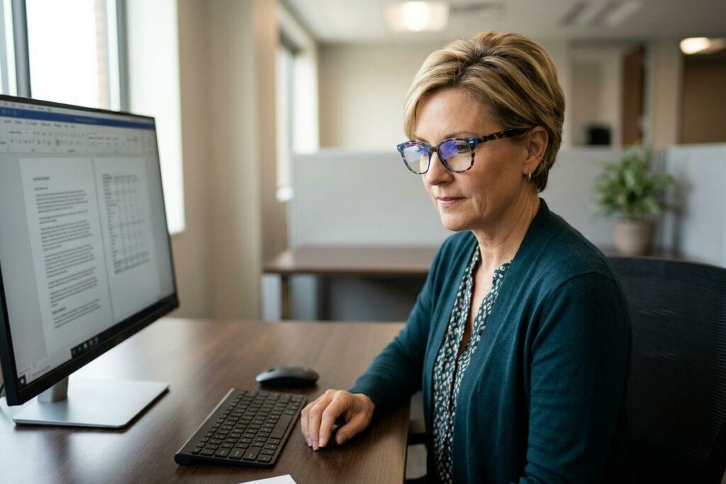 Adult wearing glasses sits at a desk in an office, focused on reading a document displayed on a computer monitor.