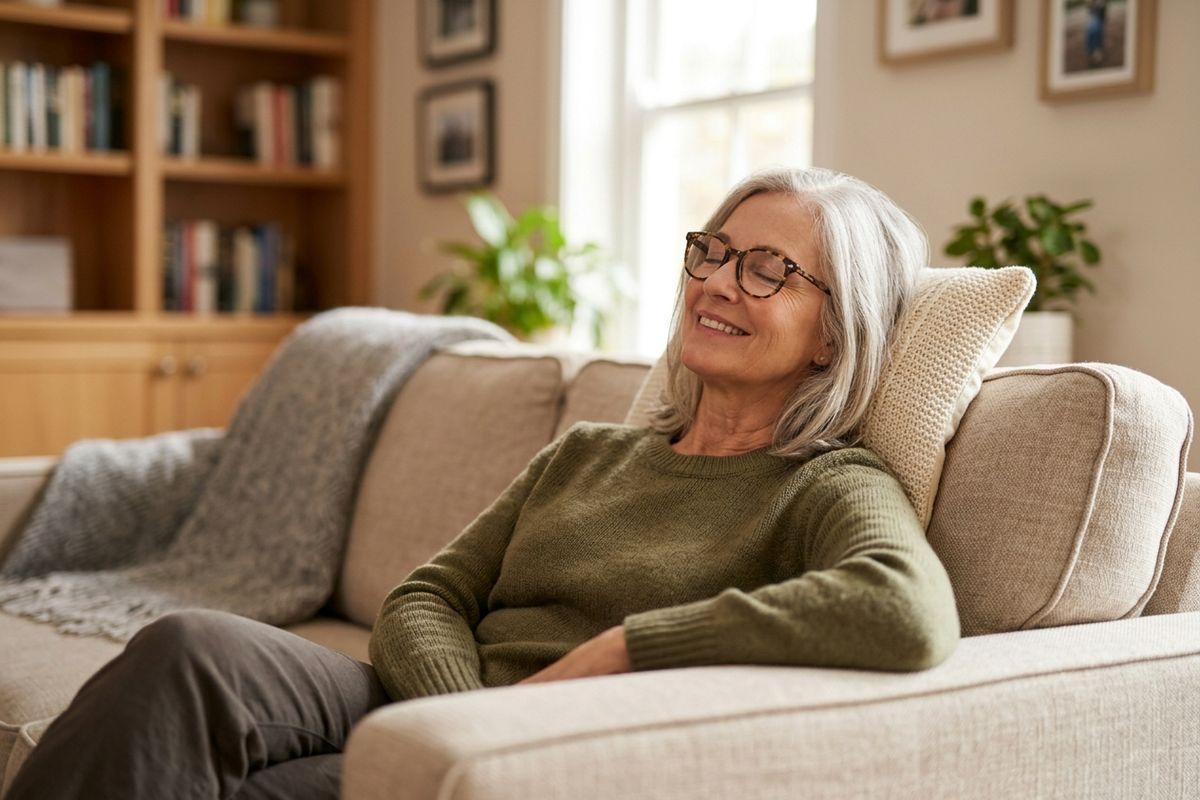 Older adult with glasses relaxing on a sofa, eyes closed and smiling, in a sunlit living room.