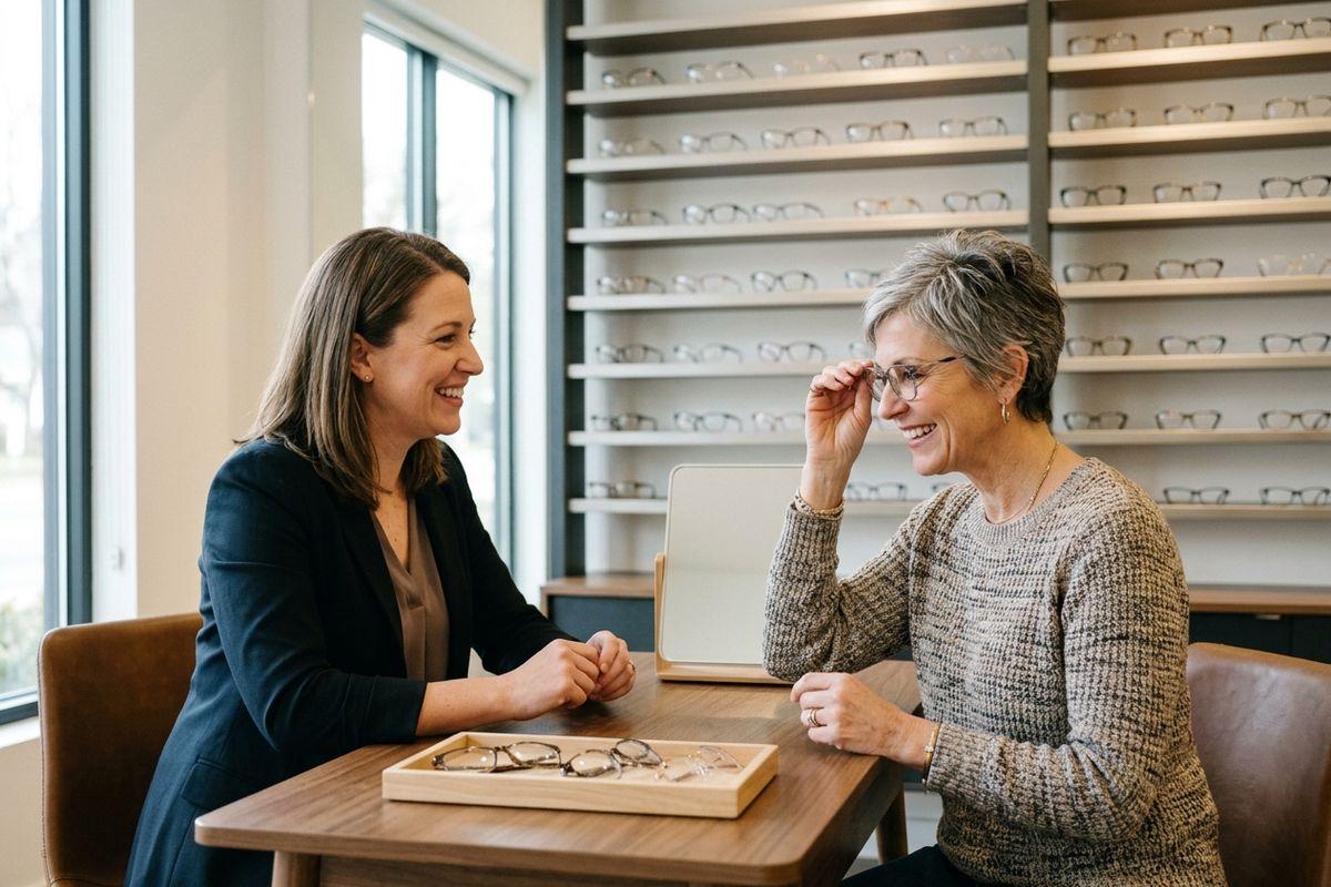 Optician and smiling customer trying on glasses at a table with a mirror and frames, wall of eyeglasses behind.