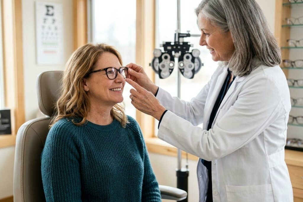 Optometrist fitting glasses on a smiling seated patient in an exam room, with eye chart and phoropter nearby.