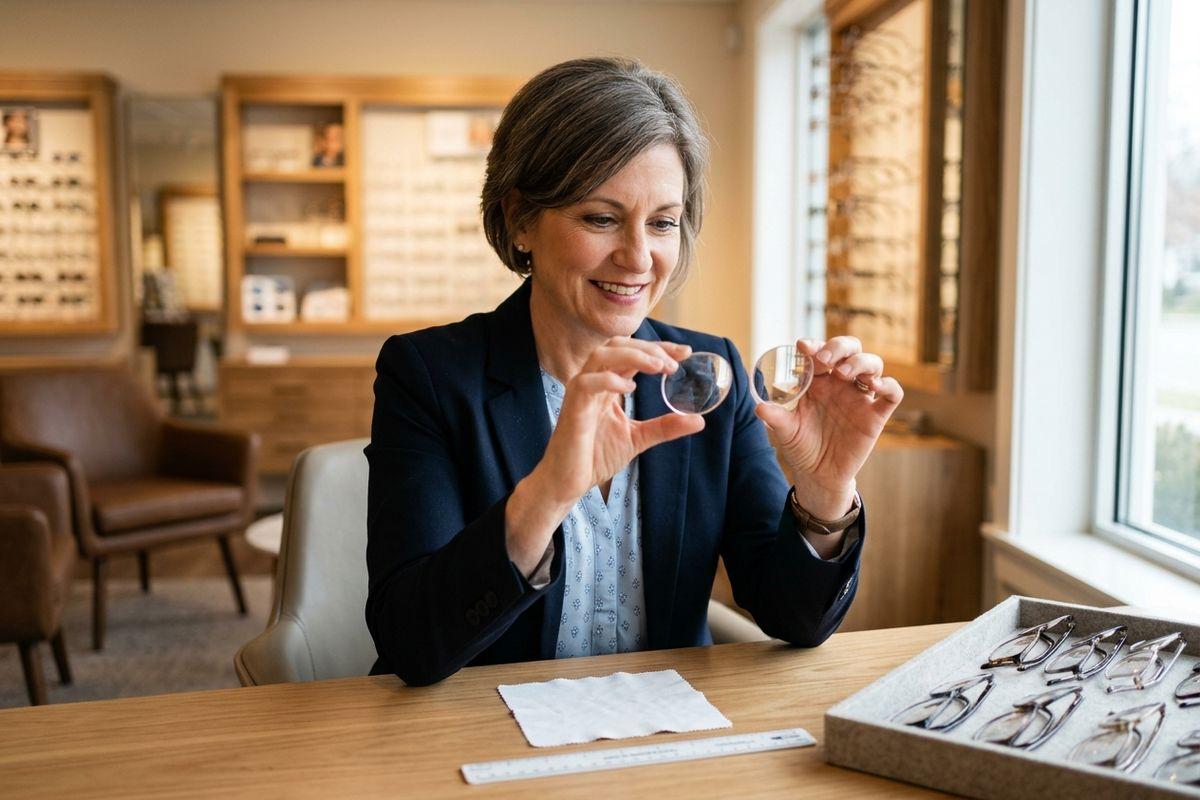Optometrist smiling while comparing two eyeglass lenses at a desk in an optical shop with eyewear displays.