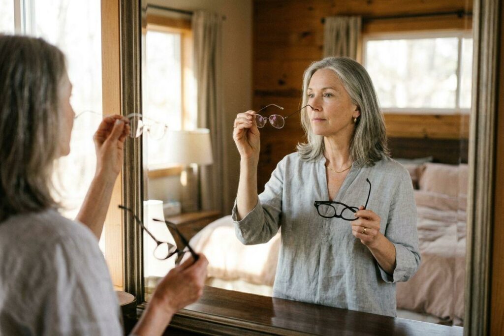 An older adult with grey hair holds two pairs of eyeglasses, trying one on while looking in a bedroom mirror.