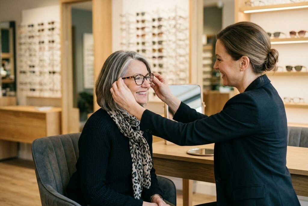 Optician fitting glasses on a smiling seated customer in an eyewear store with frame displays behind.