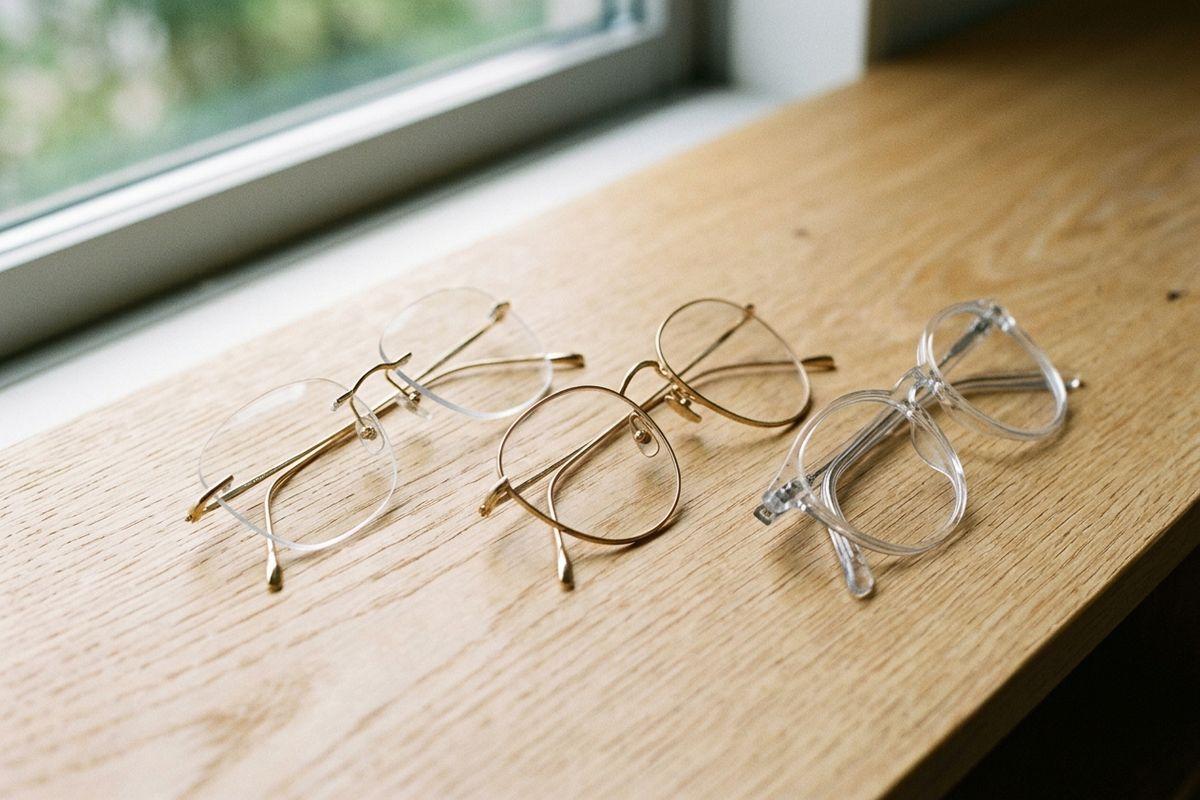 Three pairs of eyeglasses lined up on a wooden windowsill: two thin gold metal frames and one clear plastic frame.
