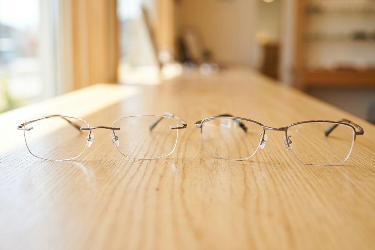 Two pairs of thin metal-framed eyeglasses, one rimless and one half-rim, resting side by side on a wooden table in an optical shop.